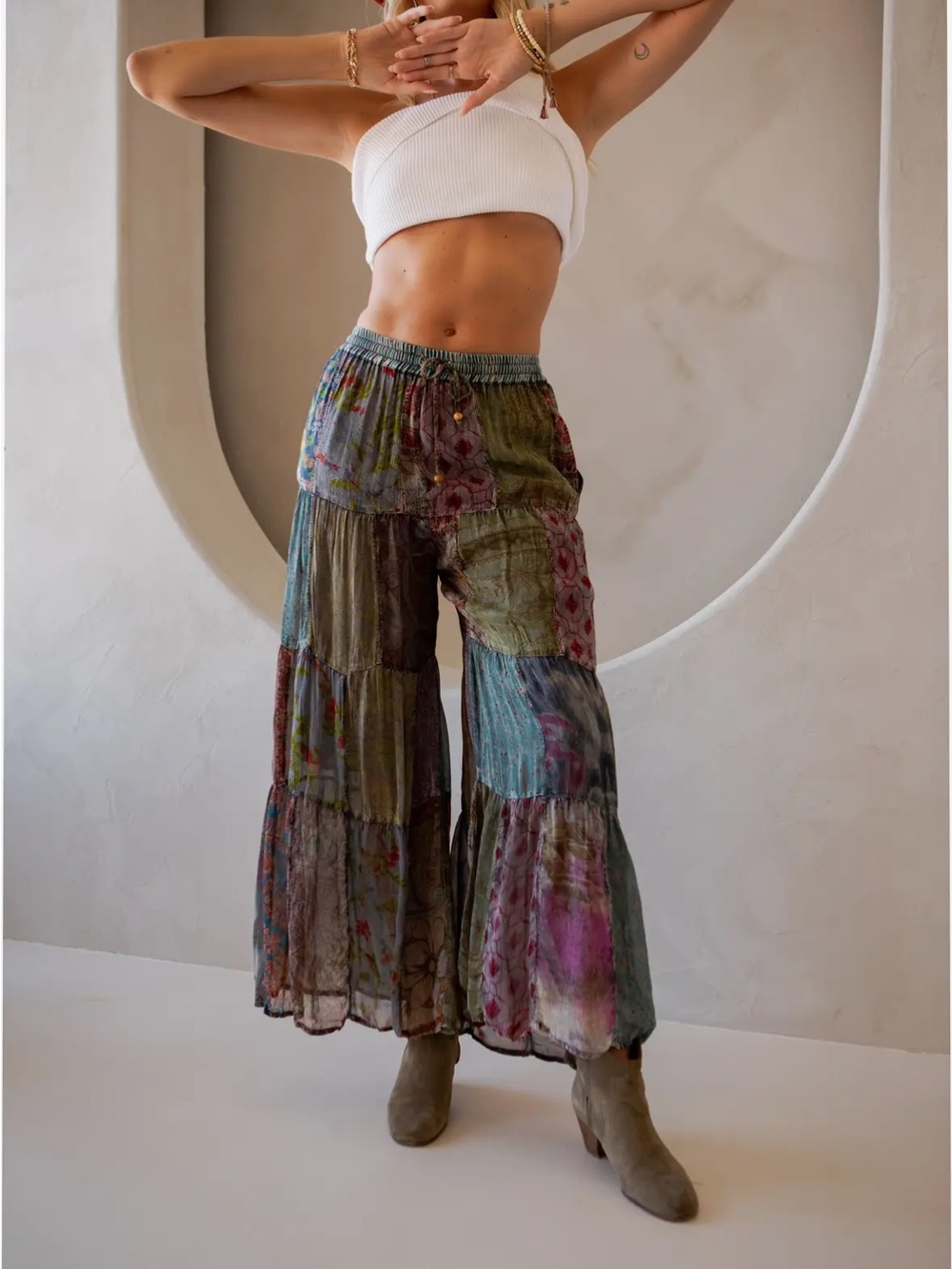 YOUNG THREADS Boho Patchwork Wide-Leg Tiered Pants - Multi